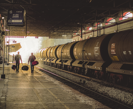 Train station with cargo train